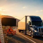 Blue semi-truck driving through a summer highway construction zone at sunset, with a roadside thermometer showing extreme heat and mountains in the background.