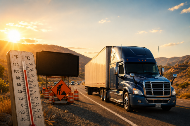 Blue semi-truck driving through a summer highway construction zone at sunset, with a roadside thermometer showing extreme heat and mountains in the background.