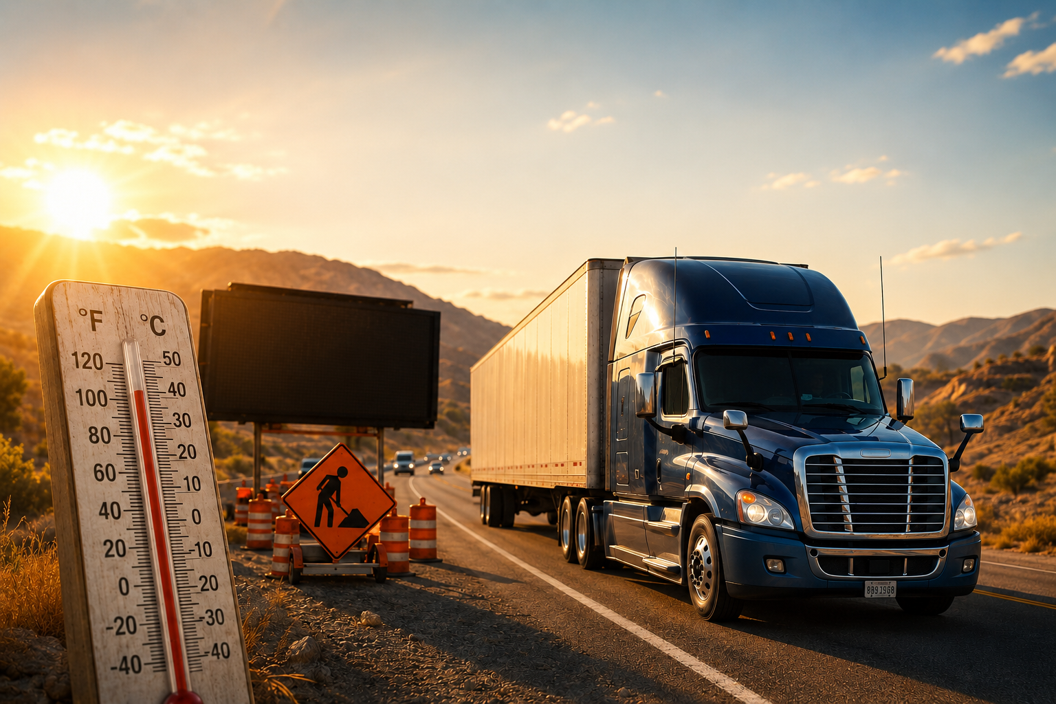 Blue semi-truck driving through a summer highway construction zone at sunset, with a roadside thermometer showing extreme heat and mountains in the background.