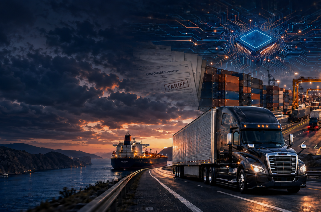 Commercial truck at a container port with a cargo ship, cranes, and semiconductor chip imagery.