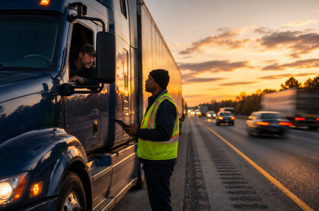 A roadside inspector reviews records with a semi-truck driver during a highway stop at sunset.