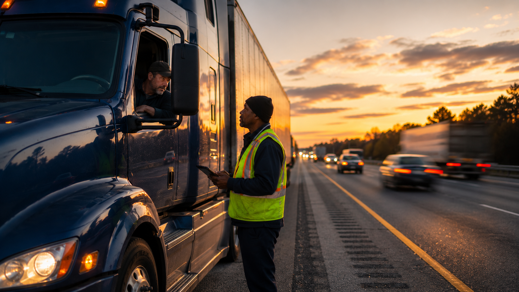 A roadside inspector reviews records with a semi-truck driver during a highway stop at sunset.